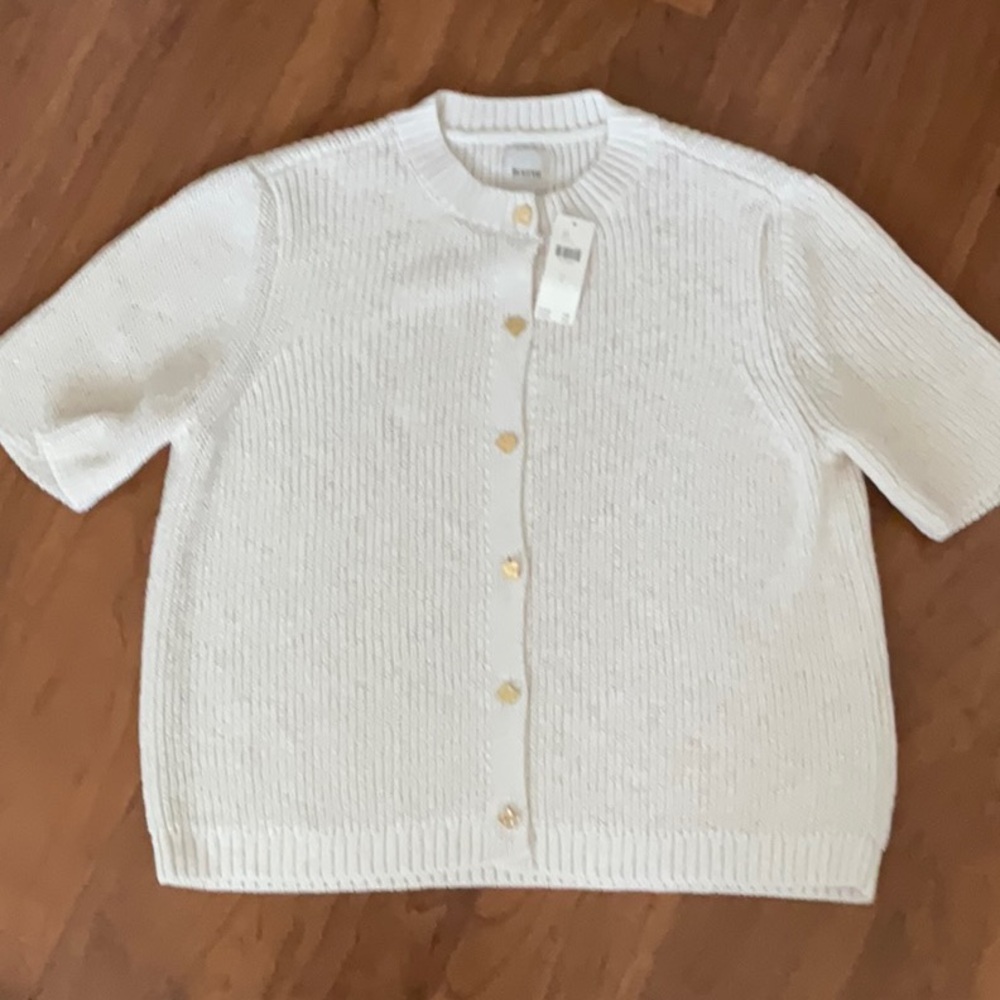 Anthropologie Maeve Short-Sleeve Button-Front Cardigan-Ivory-Large-NWT - Picture 4 of 7